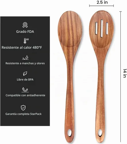 Vista 4 de Cuchara de madera grande de 14" para cocinar cucharas de mezcla de madera grande no tóxicas Long Stirring Spoon Teak Baking Cooking Spatula Acacia