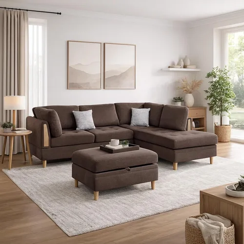 Vista 7 de Benjara Cato - Juego de sofá seccional en forma de L de 3 piezas con otomana y 2 almohadas, color marrón