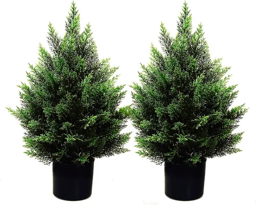 Vista 10 de Árbol topiario artificial de 2 pies, hermosos pinos de cedro sintético, árboles de Navidad, con clasificación UV, arbustos falsos para porche