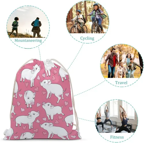 Vista 3 de Mini Pigs and A Hearts Drawstring Backpack Cute String Bag Canvas Daypack Travel Sackpack 30x40cm