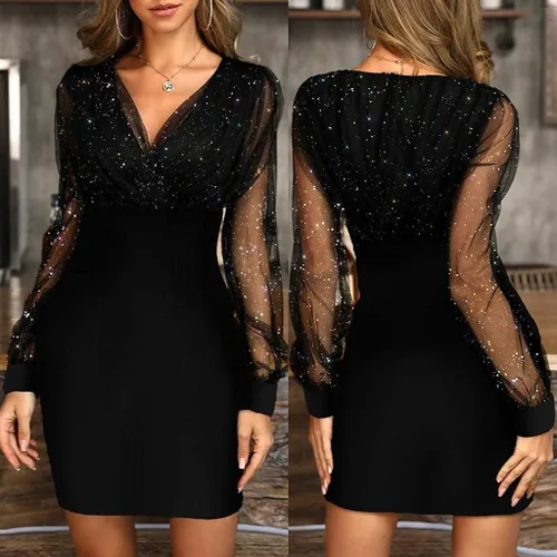 Vista 2 de Vestido de manga larga de encaje para mujer, vestido de fiesta de cóctel de verano 2023, vestido de fiesta acampanado, vestido de longitud media