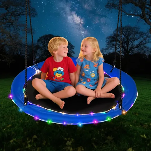 Vista 10 de Costzon Columpio de árbol de 40 pulgadas con luces LED para niños y adultos, columpio de platillo volador para interiores y exteriores con cuerdas