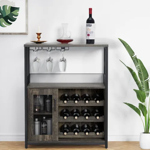 Vista 12 de IDEALHOUSE Armario de bar de vinos de 3 niveles con estante y cajón desmontable para vinos, aparador industrial y gabinete de buffet con soporte