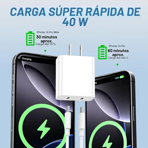 Vista 2 de Cargador para iPhone 17 Pro Max de carga rápida, 40 W Dual USB C Bloque de carga rápida con cable de carga tipo C de 6 pies para iPhone 17/17 Pro/17