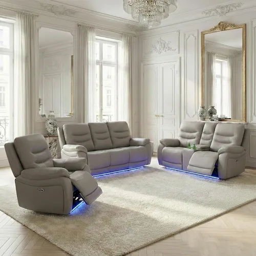 Vista 17 de Juego de sofá reclinable eléctrico de cuero con LED, juego de muebles de sala de estar, juego de sofá de cuero con puerto USB, consola