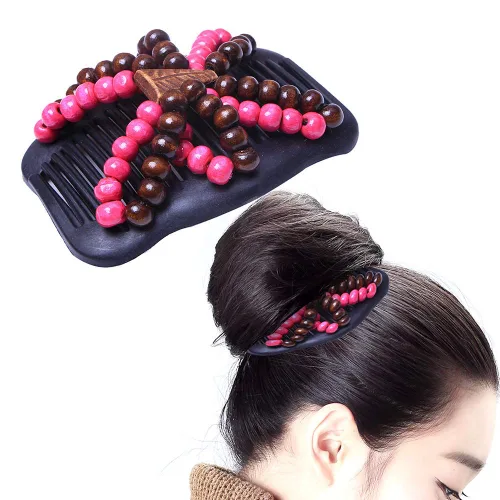 Vista 2 de LOVEF Peines mágicos para el cabello para mujer, 3 unidades, con cuentas de madera, elásticos, doble cara, clips para moño, accesorios