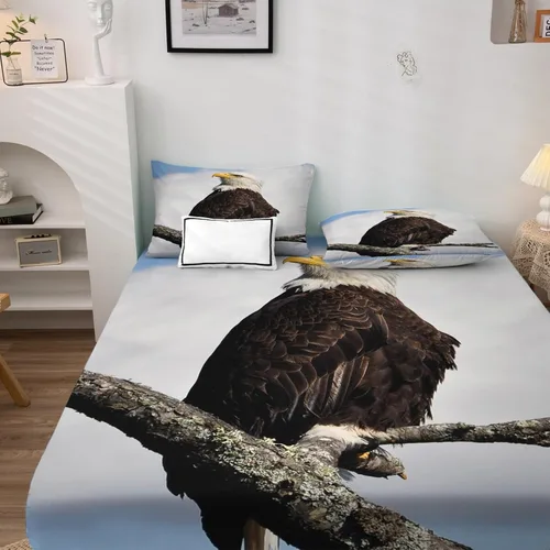 Vista 2 de Bald Eagle - Juego de sábanas de tamaño individual, sábanas de pájaros, sábanas y fundas de almohada estampadas de 3 piezas, sábana bajera ajustable