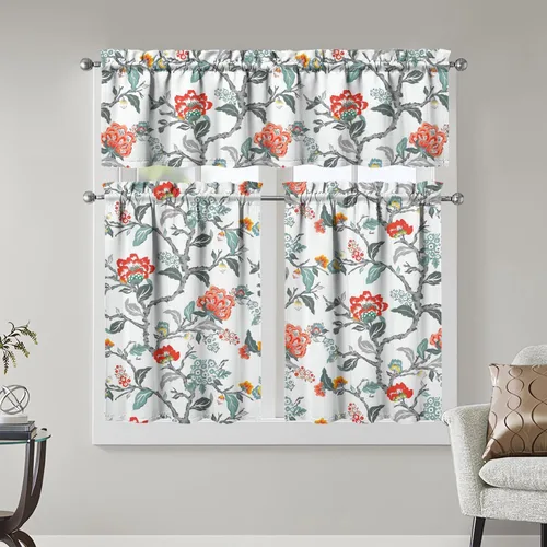 Vista 11 de Juegos de cortinas bohemias de cocina para ventanas, cortina bohemia con flores, cenefa para ventana de fregadero, juego de 3 piezas, decoración