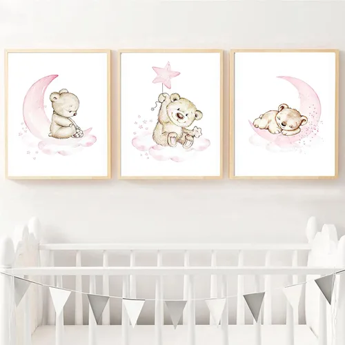 Vista 5 de Lienzo decorativo para pared de animales de dibujos animados, pintura de oso bebé, luna rosa, estrellas, nubes, impresiones de animales, habitación