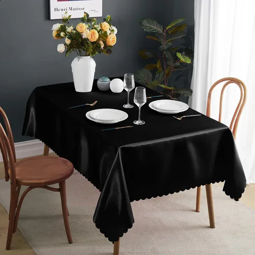 Vista 4 de KKJIAF Paquete de 1 mantel de satén negro de 58 x 102 pulgadas, rectangular, brillante, sedoso y suave, para decoración de banquete de boda, fiesta
