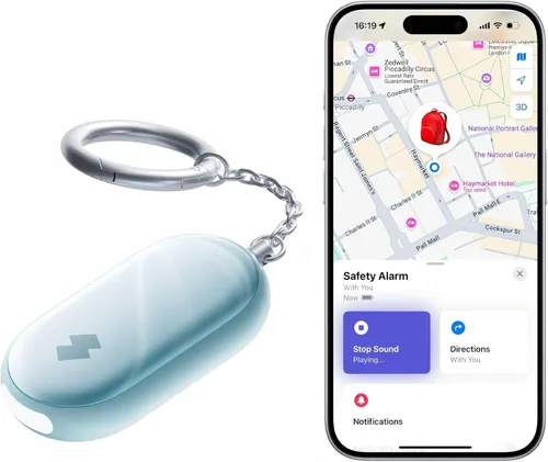 Vista 11 de Alarma de seguridad personal de 130 dB para mujeres con aplicación Apple Find My, sirena extra fuerte y luz estroboscópica, llavero de autodefensa
