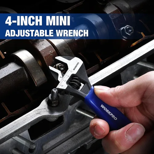 Vista 2 de WORKPRO Llave ajustable mini de 4 pulgadas, llave de mandíbula ancha de acero Cr-V con óxido negro para tuercas pequeñas, escalas métricas y SAE