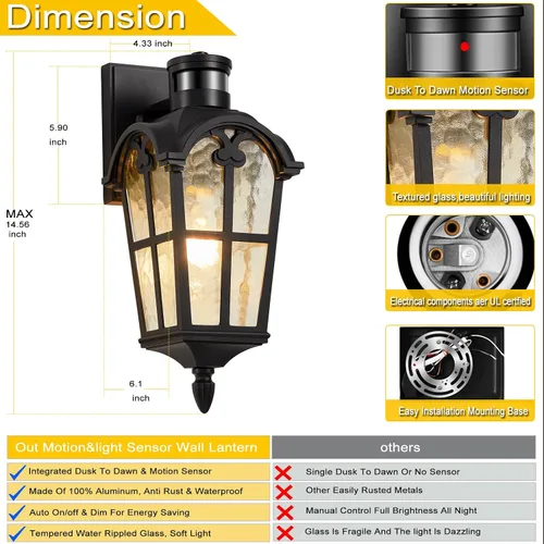 Vista 5 de Iluminación exterior del anochecer al amanecer, luces modernas con sensor de movimiento para exteriores, luces de pared impermeables