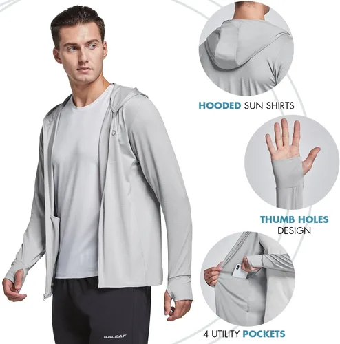 Vista 5 de baleaf Chaqueta ligera con capucha y cremallera completa UPF 50+ para hombre, camisa de enfriamiento de manga larga con bolsillo, senderismo, pesca