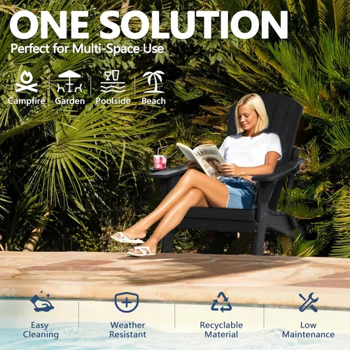 Vista 6 de Silla plegable Adirondack con soporte para tazas, de plástico HDPE resistente a todo tipo de clima, sillas de patio al aire libre con reposapiés