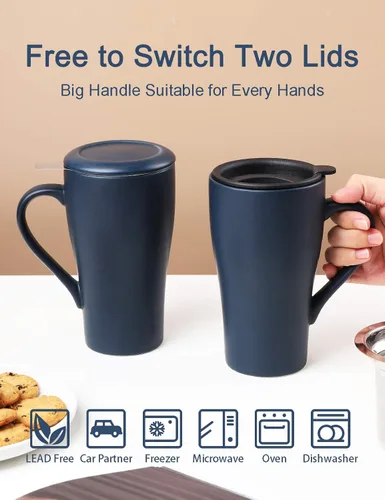 Vista 2 de Taza de té con infusor y 2 tapas, taza infusor de té grande de 18 onzas, taza coladora de té para hojas sueltas, taza de viaje con soporte para Azul