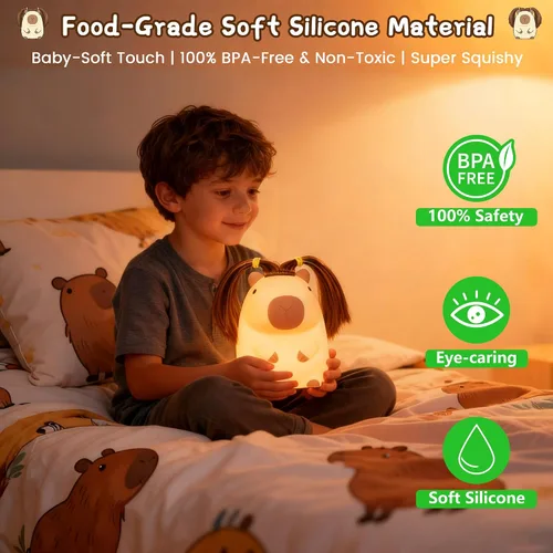 Vista 5 de Linda luz nocturna de capybara con peinado DIY, lámpara de silicona esponjosa, luz nocturna para habitación infantil, lámpara de mesita recargable