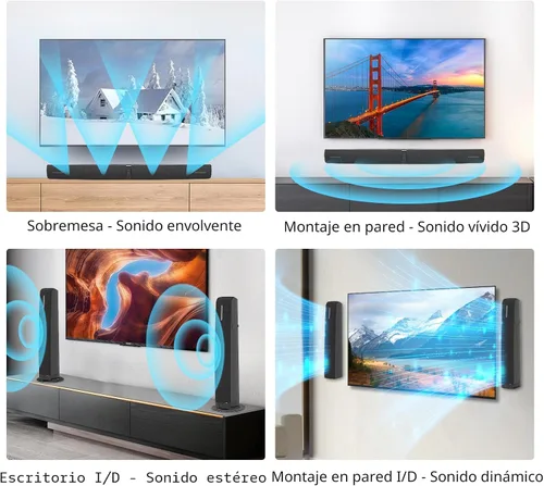 Vista 2 de Barra de Sonido para Smart TV, Barra de Sonido de 90W con Conexión Bluetooth/ARC/Óptica/AUX, Aumento Automático de Volumen, 3 Modos de Ecualizador