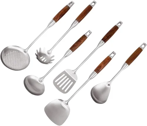Vista 10 de VALESKA Juego de 6 utensilios de cocina de acero inoxidable, juego de utensilios de cocina de metal, incluye espátula Wok de acero inoxidable