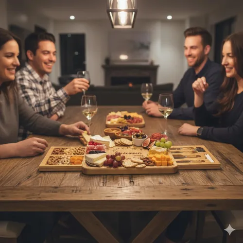 Vista 9 de Juego de tablas de charcutería personalizadas con dos cajones, tabla de queso de bambú grabada personalizada, Navidad, boda y regalo de inauguración