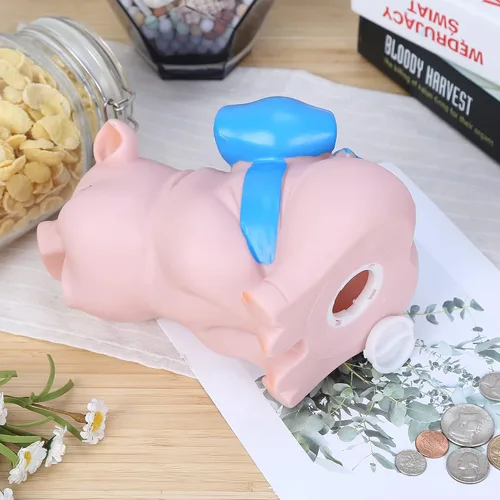 Vista 5 de H&W Lovely Pig - Alcancía con nudo de lazo azul, banco de monedas, creativo e inastillable, puede almacenar 1000 monedas
