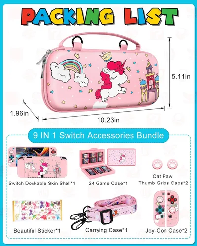Vista 3 de 9in1 Unicorn Switch Oled Case for Nintendo Switch Oled Carrying Cases Girly Teens Protective Cover Dockable Skin+Thumb Grips+Game Holder+Shoulder
