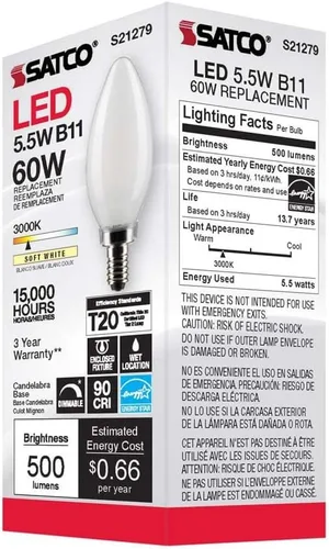 Vista 8 de Satco 6Pk 5.5w B11 LED 3000K Candelabro Base Helado Regulable - 60W Equiv