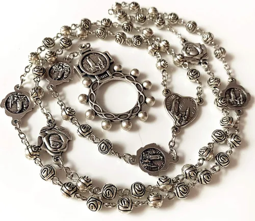 Vista 6 de elegantmedical Hecho a mano vintage plata rosa cuentas católica Nuestra Señora de Fátima Rosario Collar Cruz caja de regalo crucifijo Italia