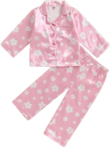 Vista 16 de Conjunto de pijama de satén para niños, niña y niño, con botones, camiseta para dormir+pantalones largos, ropa para dormir y de estar en casa W Rosa