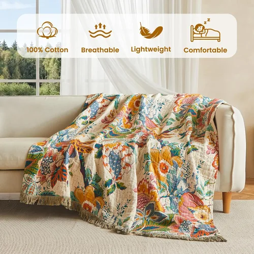 Vista 57 de MSGKV - Manta bohemia/primaveral de algodón para sofá y sala de estar, de gasa acogedora, de 50 x 60 pulgadas 50"x60" Cotton Throw, Woven Bird