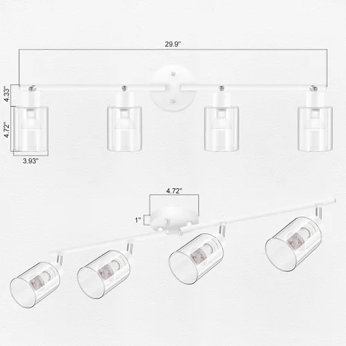 Vista 14 de BoostArea Lámparas de baño de 4 luces, modernas luces blancas de pared con pantalla de vidrio transparente, luz de techo flexible para espejo