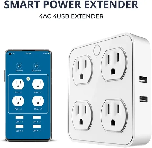 Vista 3 de Enchufe inteligente de pared inalámbrico, protector de sobretensiones, extensor de 4 salidas con 4 puertos de carga USB, compatible con Alexa Google