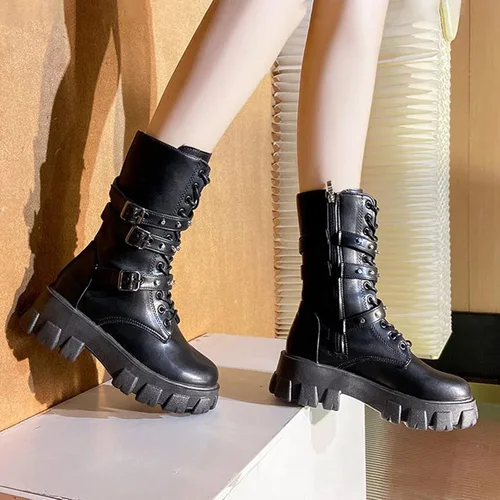 Vista 2 de Botas de media pantorrilla para mujer, ligeras, a la moda, con múltiples hebillas, con cordones, antideslizantes, altura de motocicleta