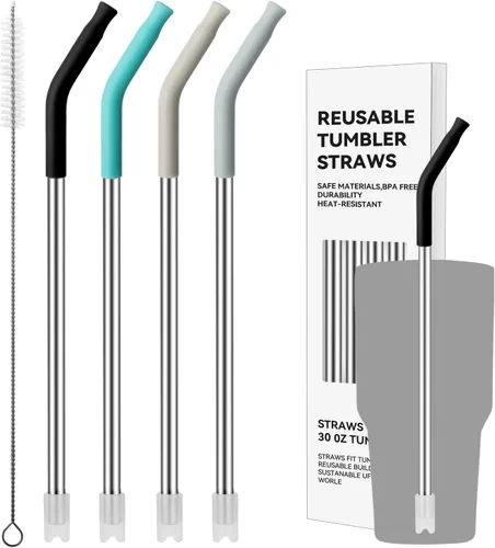 Vista 11 de 4 popotes de acero inoxidable reutilizables para vaso Yeti de 20 onzas, pajitas de metal con puntas de silicona para vaso Stanley de 20 onzas y vaso