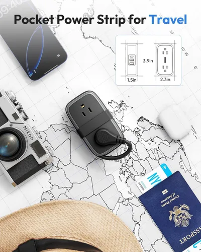 Vista 6 de NTONPOWER - Regleta de alimentación de viaje con puertos USB, enchufe plano de 4 pies envuelto alrededor de cable de extensión corto con 4 tomas, 3