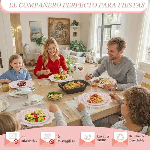 Vista 7 de 100 platos de plástico rosa - Platos desechables rosa y dorado resistentes - Incluye 50 platos para cena y 50 platos para pastel para el día de San