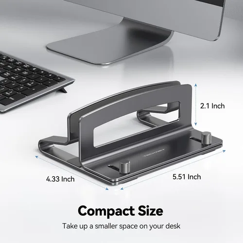 Vista 12 de TECKNET Soporte vertical para laptop, soporte ajustable de aluminio para laptop (hasta 17.3 pulgadas), soporte vertical que ahorra espacio