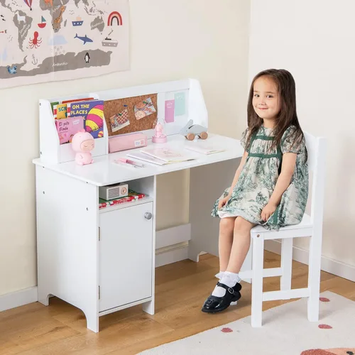 Vista 2 de Costzon Juego de escritorio y silla para niños, mesa de estudio de madera para niños con almacenamiento, gabinete, tablero de anuncios de corcho
