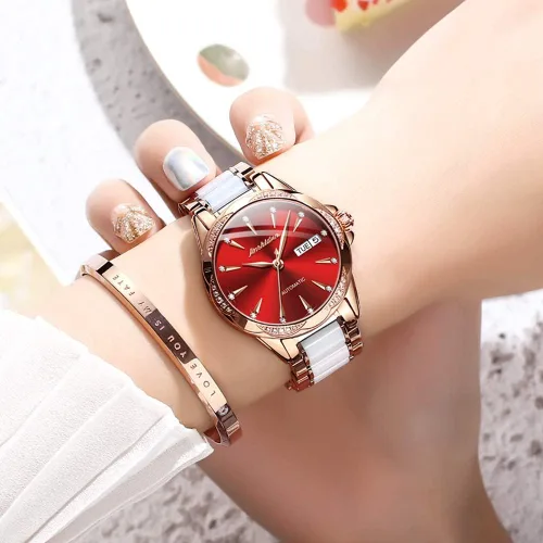 Vista 2 de Reloj automático de cerámica de acero inoxidable para mujer reloj mecánico de 984ft impermeable oro rosa elegante para mujer esfera de concha
