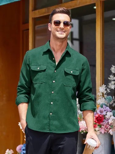 Vista 3 de COOFANDY Camisa de pana para hombre, casual, con botones, chaqueta ligera