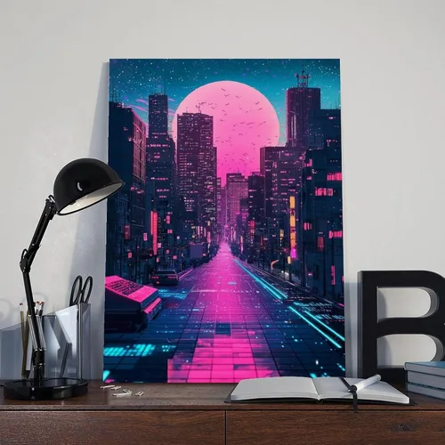Vista 8 de Póster estético de onda de vapor de neón, arte de pared futurista retro de los años 80 para dormitorio, pintura decorativa, lienzo, arte de pared