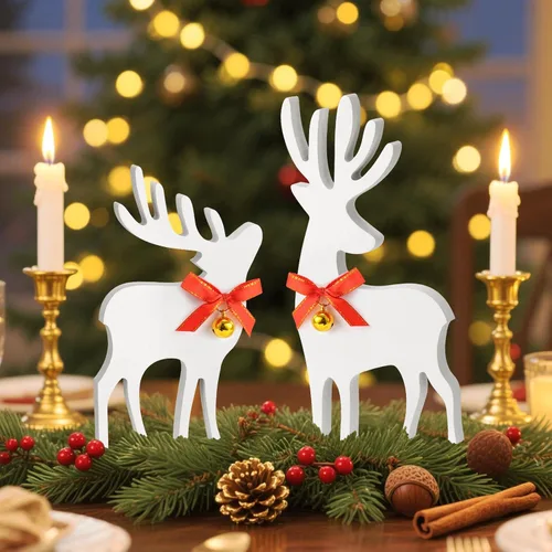 Vista 7 de Decoración navideña de reno de madera – 2 piezas de decoración navideña de ciervo de madera con lazos y campanas, decoraciones navideñas de granja