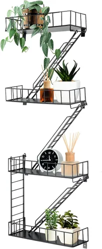 Vista 9 de Zonon Estante de pared de escape de incendios, estantes de escalera de metal, decoración de pared, estantes flotantes, estante de figura de acción