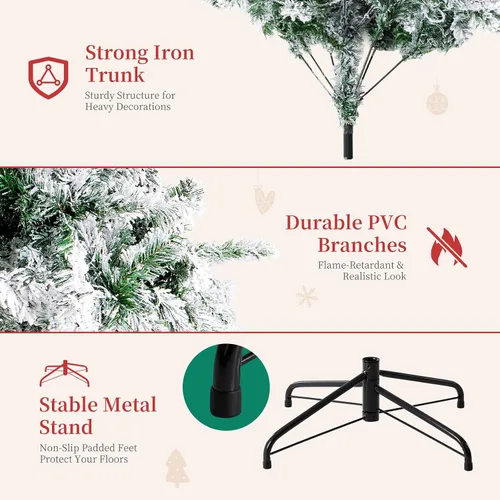 Vista 9 de Sweetcrispy Árbol de Navidad Artificial Preiluminado con Nieve Artificial de 6 pies, Árbol de Navidad de Abeto Artificial con Bisagras Preiluminado