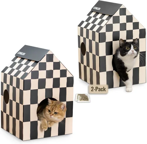 Vista 14 de Conlun Casa de cartón para gatos con almohadilla para rascar y hierba gatera, casa rascador para juegos de gatos para muebles de interior, rascador