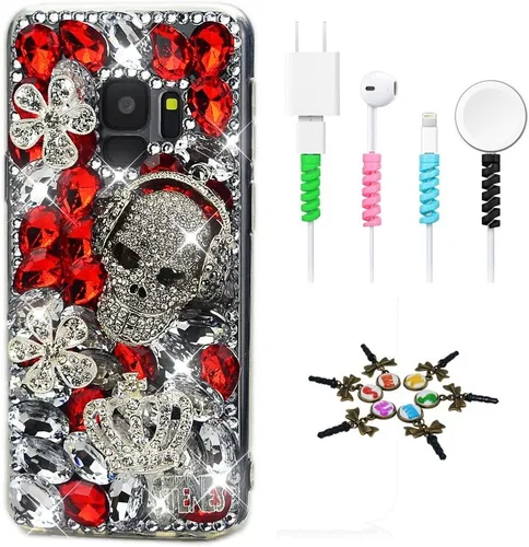 Vista 5 de Sparkle - Funda compatible con Samsung Galaxy Note 10, elegante funda 3D hecha a mano con diseño de borla de calavera con protector de cable