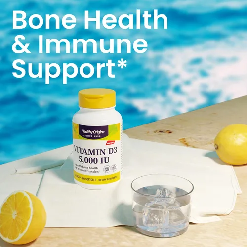 Vista 4 de Healthy Origins Vitamina D3 5,000 UI (sin OMG, alta potencia, apoyo óseo, apoyo inmunológico, sin gluten), 120 cápsulas blandas