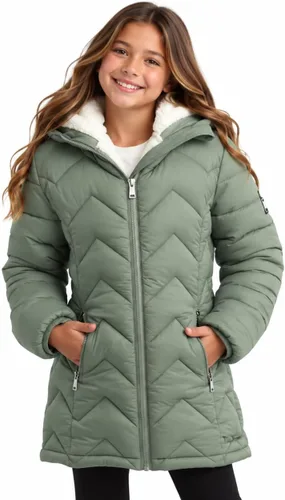 Vista 9 de DKNY Chaqueta acolchada para niñas - Chaqueta acolchada de sherpa completa forrada con escudo glaciar de longitud media para niños con aislamiento