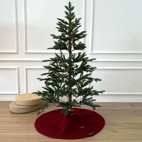 Vista 6 de 36-Inch Cable Sweater Knit Christmas Tree Skirt with Wooden Toggles, Burgundy