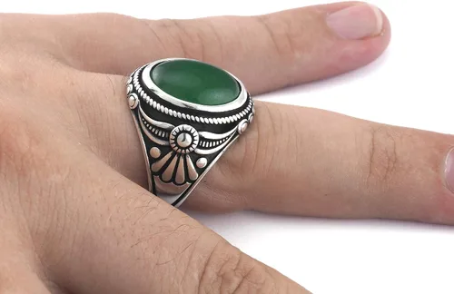 Vista 3 de Signet - Anillo para hombre hecho a mano de plata de ley 925K con piedra de jade verde